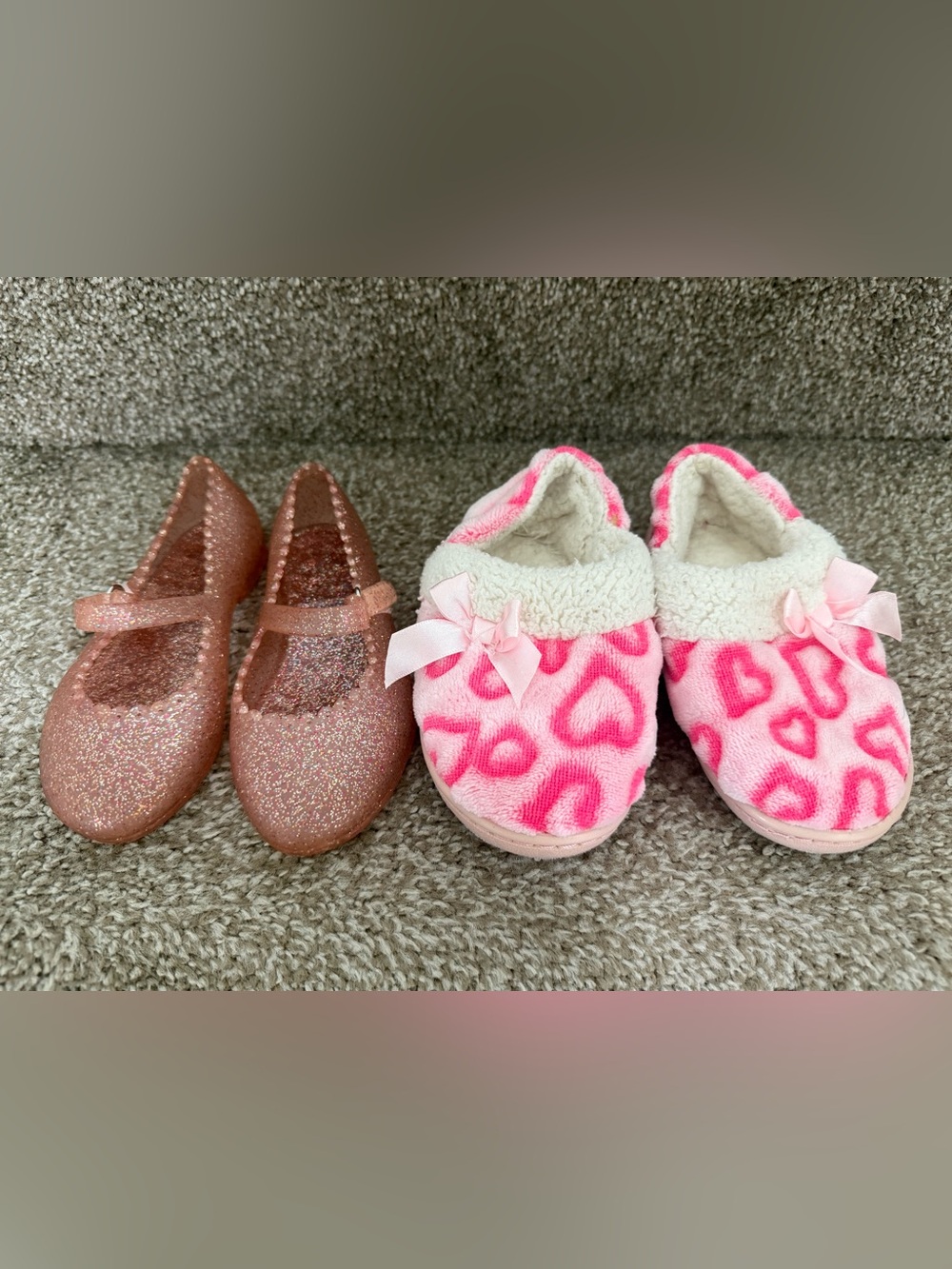 Girls Pink Heart Plush Slippers with Bow - Kids Shoes
